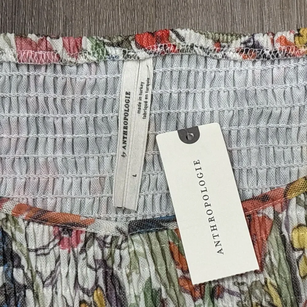 Anthropologie Floral Smocked Mesh Puff Sleeve Blouse L NWT